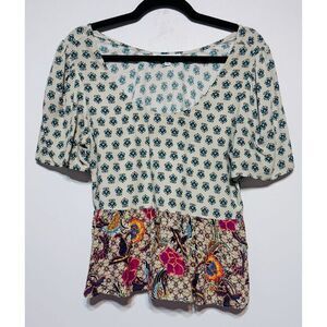 Anthropologie DR2 Mixed Print Puff Sleeve Boho Top Sz S‎ Teal Floral Paisley